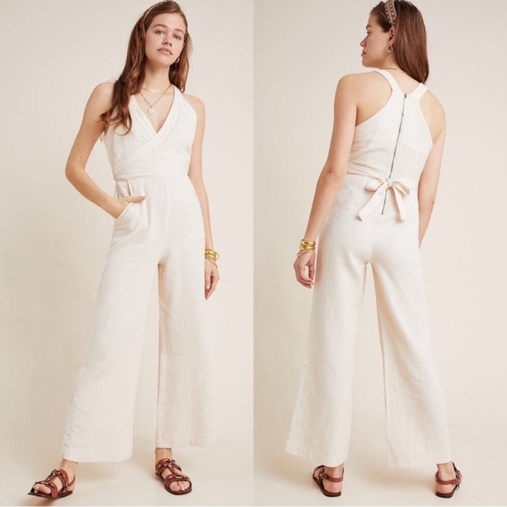 ANTHROPOLOGIE DEMI CREAM TEXTURED JUMPSUIT